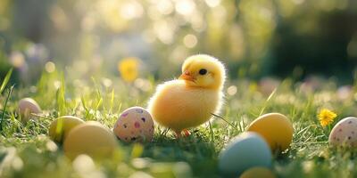 Cute yellow chick surrounded by colorful eggs in a sunny garden during springtime photo