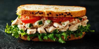 Delicious chicken salad sandwich on whole grain bread with lettuce and tomatoes prepared for lunch close to dinnertime photo