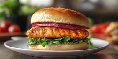 Delicious homemade grilled chicken sandwich with fresh toppings served on a wooden table photo