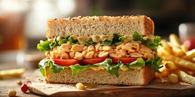 Delicious sandwich with fresh ingredients served alongside crispy fries at a casual dining spot during lunchtime photo