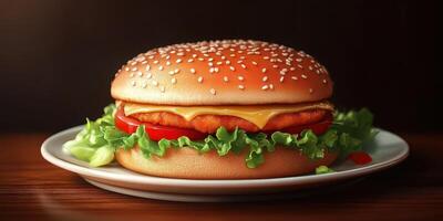 Juicy chicken burger with fresh lettuce, tomato, and cheese on a sesame seed bun served on a plate photo