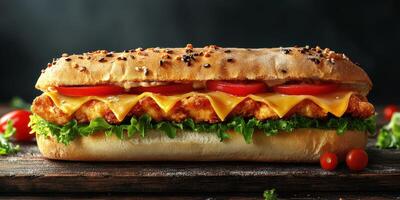 Juicy sandwich with crispy chicken, melted cheese, fresh lettuce, and tomato served on a rustic wooden table photo