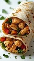 Delicious chicken wrap filled with fresh vegetables and herbs, perfect for a healthy meal option any time of day photo