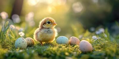 Baby chick explores its surroundings among colorful eggs in a serene garden during the golden hour photo