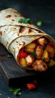Delicious grilled chicken wrap with colorful vegetables and pineapple served on a wooden board photo