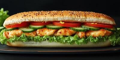 Freshly prepared chicken sandwich with crisp vegetables on a dark wooden board photo