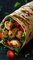 Chicken wrap filled with fresh vegetables and herbs enjoyed on a dark surface during a casual meal photo