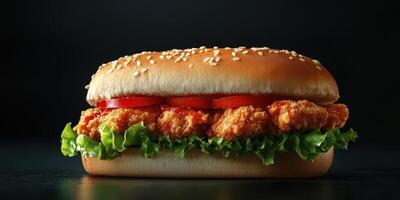 Juicy fried chicken sandwich on sesame seed bun with fresh lettuce and tomato against a dark background photo