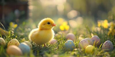 Yellow chick among colorful eggs in a sunlit garden during springtime photo