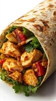 Delicious chicken wrap filled with fresh vegetables and bold flavors at a meal setting photo