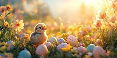 Chick standing among colorful Easter eggs and blooming flowers in a sunlit meadow during springtime photo
