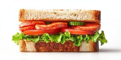 Freshly made sandwich with layers of vegetables and meat served on toasted bread photo