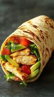 Delicious chicken wrap filled with fresh vegetables, perfect for a quick and healthy meal option photo