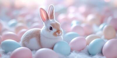 Cute white and brown rabbit surrounded by pastel-colored eggs in a soft, fluffy setting during springtime photo