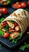 Delicious chicken wrap filled with fresh vegetables served on a black plate photo