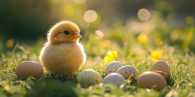 Cute chick standing among colorful Easter eggs in a sunlit grassy field during springtime photo