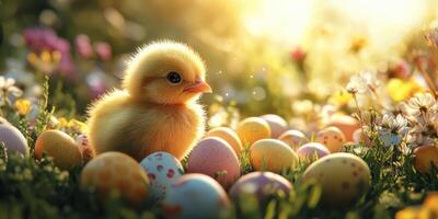 Charming yellow chick surrounded by colorful Easter eggs in a sunlit garden during springtime photo