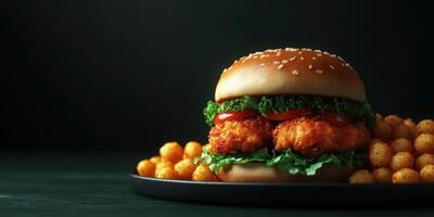 Crispy chicken sandwich with fresh ingredients served with golden potato bites on a dark surface photo