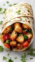 Delicious chicken wrap packed with fresh vegetables and herbs served on a rustic background photo