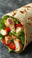 Delicious grilled chicken wrap with fresh vegetables and smoky flavors photo