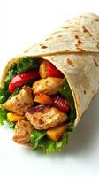 Delicious chicken wrap loaded with fresh vegetables and vibrant colors for a appetizing meal option photo
