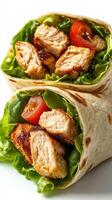 Grilled chicken wraps with fresh lettuce and tomatoes served on a plain tortilla for a healthy meal option photo