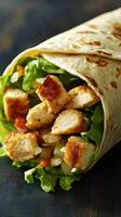 Delicious grilled chicken wrap filled with fresh vegetables on a rustic wooden table photo
