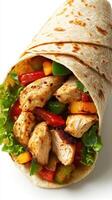 Grilled chicken wrap with fresh vegetables ready for a tasty meal in a vibrant setting photo