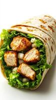 Fresh chicken wrap filled with crisp lettuce and savory ingredients in a tortilla photo