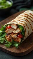 Grilled chicken wrap with fresh vegetables served on a wooden board in a cozy setting photo
