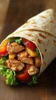 Delicious grilled chicken wrap filled with fresh vegetables and vibrant colors ready to enjoy photo