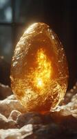 Golden egg resting on cloth while luminous light shines through in a serene indoor setting during the afternoon photo