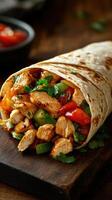 Grilled chicken wrapped in a tortilla with fresh vegetables and herbs on a wooden board photo