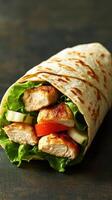 Freshly made grilled chicken wrap filled with crisp vegetables and herbs on a wooden surface photo