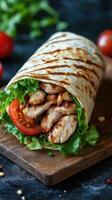 Delicious grilled chicken wrap with fresh vegetables served for a satisfying meal at a cozy restaurant photo