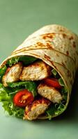 Grilled chicken wrap with fresh vegetables served on a green background perfect for a healthy meal option photo