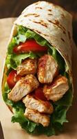 Grilled chicken wrap filled with fresh greens and tomatoes prepared for a healthy meal at lunchtime photo