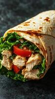 Fresh chicken wrap with lettuce and tomatoes prepared in a cozy kitchen setting during daylight photo