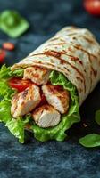 Grilled chicken wrap filled with fresh lettuce and tomatoes on a textured black surface photo