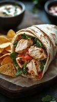 Chicken wrap with fresh greens and tortilla chips on a wooden board served with dipping sauce photo