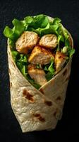 Freshly made wrap with grilled chicken and leafy greens prepared for a delicious meal photo