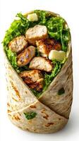 Fresh grilled chicken wrap filled with lettuce and cheese, showcasing a healthy meal option for lunch or dinner photo