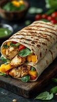 Grilled chicken wrap with mango and fresh vegetables in a cozy setting, perfect for a quick meal or snack photo