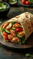 Delicious grilled chicken wrap filled with fresh vegetables and savory flavors on a wooden board photo