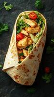 Delicious chicken wrap with fresh vegetables and herbs, perfect for a quick lunch or snack photo