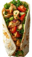 Delicious chicken wrap filled with fresh vegetables and herbs on a neutral background photo