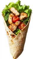 Fresh chicken wrap filled with crisp lettuce and ripe tomatoes served in a soft tortilla photo