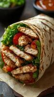 Freshly grilled chicken wrap with vibrant vegetables served on a wooden table photo
