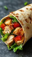 Fresh chicken wrap with crisp lettuce and juicy tomatoes on a dark background photo