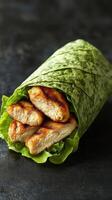 Grilled chicken wrapped in spinach leaves with fresh lettuce for a healthy meal option photo
